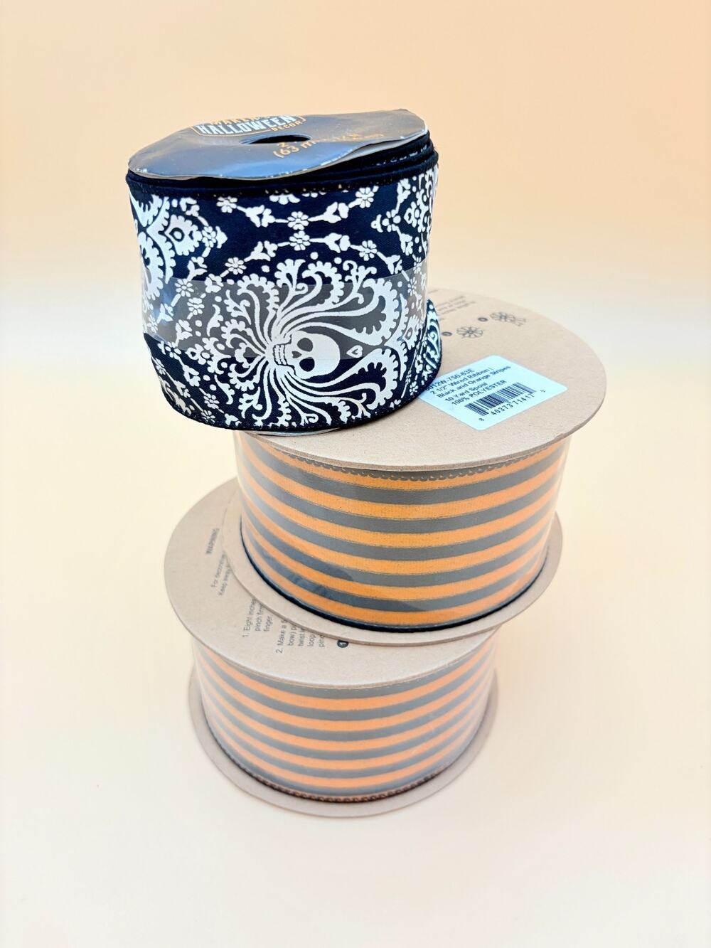 Halloween Ribbon Lot 3 Maker's Wired Edge Skull Orange Black 2.5 in 24 Yd Bow